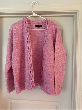 Cozy Pink Open-Front Cable-Trim Cardigan